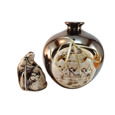 Conjunto decorativo vaso cobre com relevo e figura religiosa em cerâmica