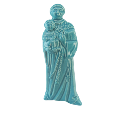 Estatueta azul em cerâmica de figura religiosa com criança