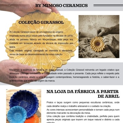 Newsletter com pratos e taças cerâmicos em forma de girassol em várias cores