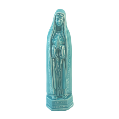Estátua cerâmica azul turquesa de Nossa Senhora com terço e base hexagonal