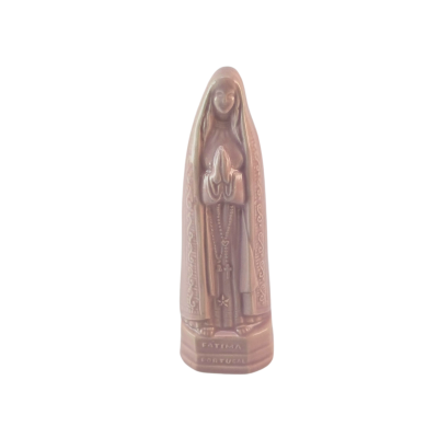 Estátua de cerâmica castanha da Virgem Maria com terço e base escrita FATIMA PORTUGAL