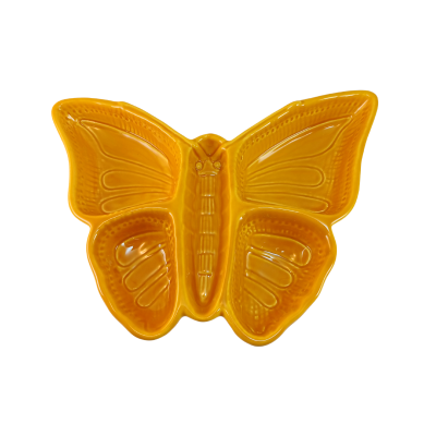 Prato amarelo em forma de borboleta de cerâmica com relevo