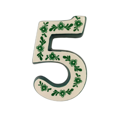 Número 5 em cerâmica com decoração floral verde