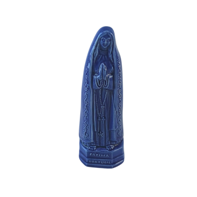 Estatueta azul da Virgem de Fátima em cerâmica com inscrição FATIMA PORTUGAL