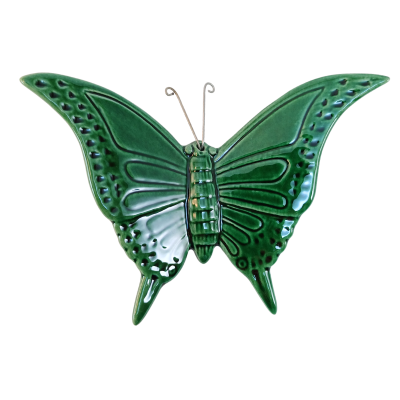 Borboleta decorativa verde em cerâmica com relevo e antenas metálicas