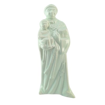 Estátua branca esmaltada de santo com criança em cerâmica