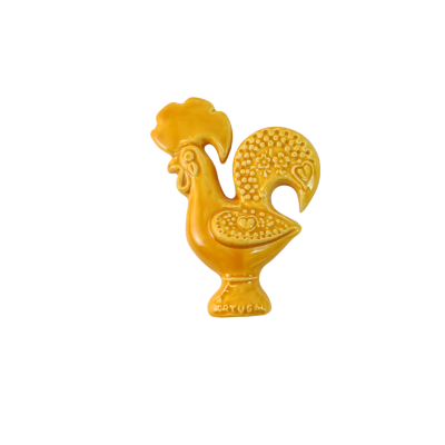 Figurinha decorativa de galo amarelo em cerâmica com texto Portugal