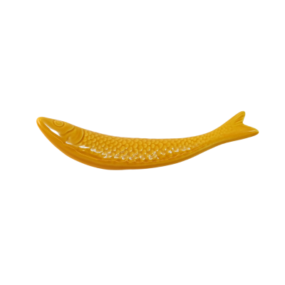 Prato decorativo cerâmico amarelo em forma de peixe