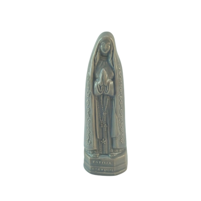 Estátua pequena de Nossa Senhora de Fátima em metal com terço e base com texto FATIMA PORTUGAL