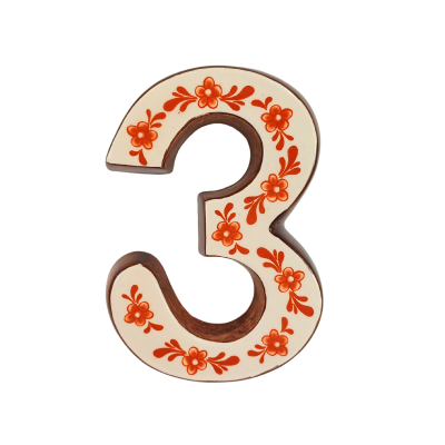 Número 3 decorativo em cerâmica com padrão floral vermelho e laranja