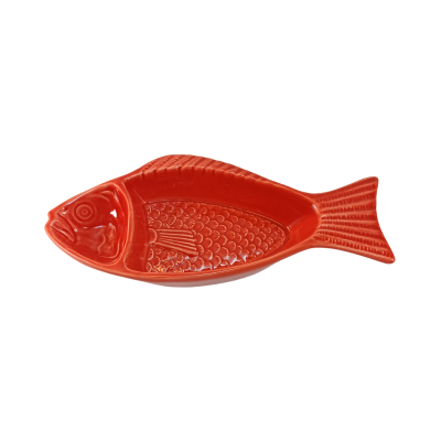 Prato cerâmico vermelho em forma de peixe