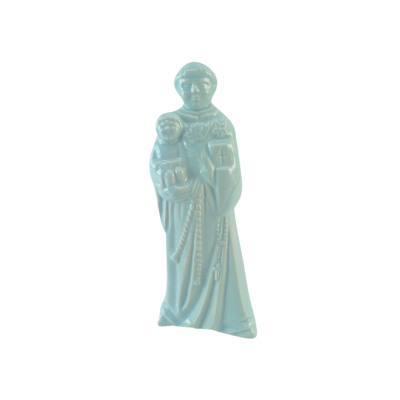 Figura religiosa azul em cerâmica segurando criança e livro com cruz