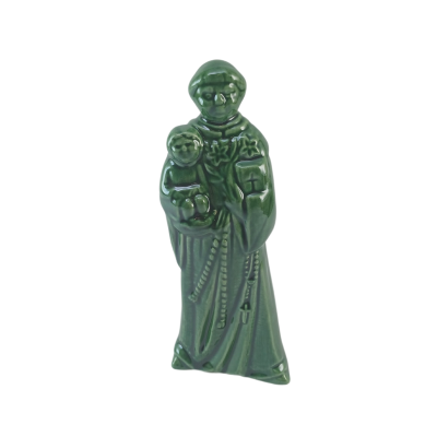 Estatueta verde em cerâmica de santo com criança ao colo
