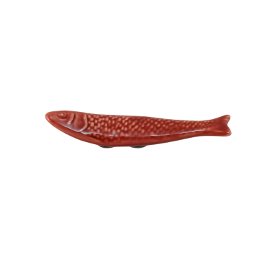 Objeto decorativo vermelho em forma de peixe com textura