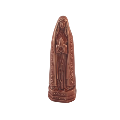 Figura religiosa de Nossa Senhora de Fátima em cerâmica castanha