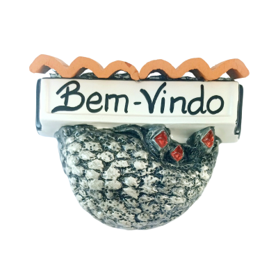 Figura decorativa cerâmica galinho com placa Bem-Vindo