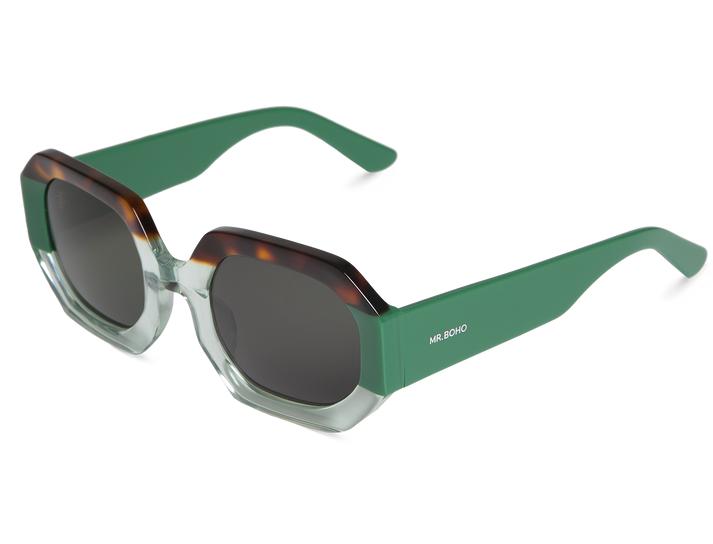 Óculos de sol com armação verde, castanho e transparente e lentes escuras