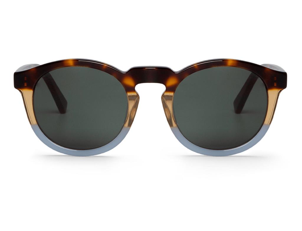 Óculos de sol com armação redonda castanha e bege, lentes escuras