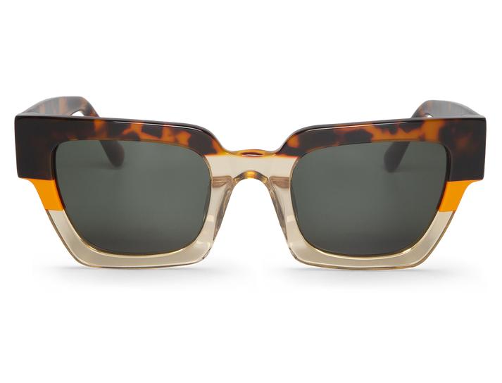 Óculos de sol quadrados com armação castanha, bege e amarelo e lentes escuras