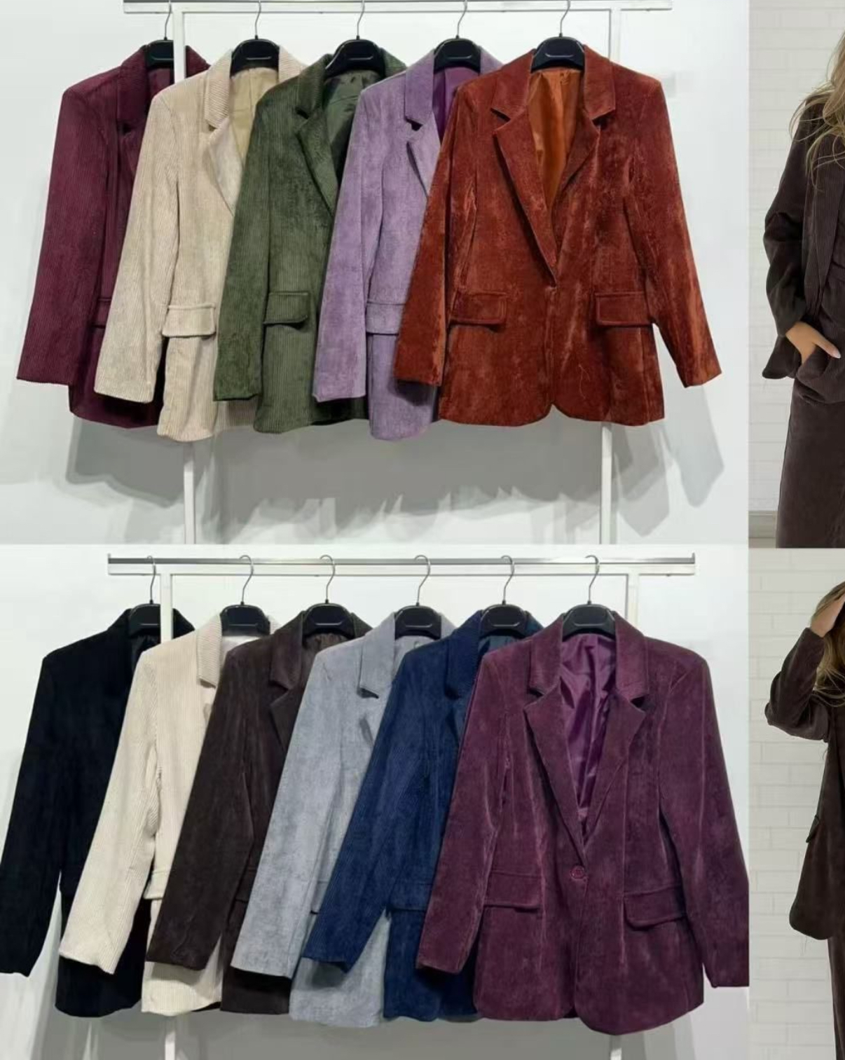 Blazers de veludo coloridos pendurados em cabides sobre suporte branco