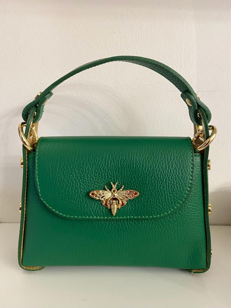 Mala de mão pequena verde com alça e abelha dourada