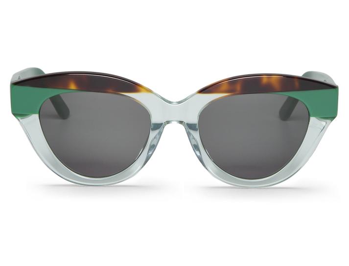 Óculos de sol com armação transparente e detalhe verde e castanho escuro