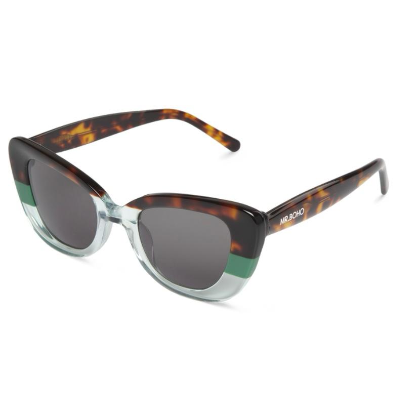 Óculos de sol com armação tartaruga castanho e verde transparente com lentes escuras