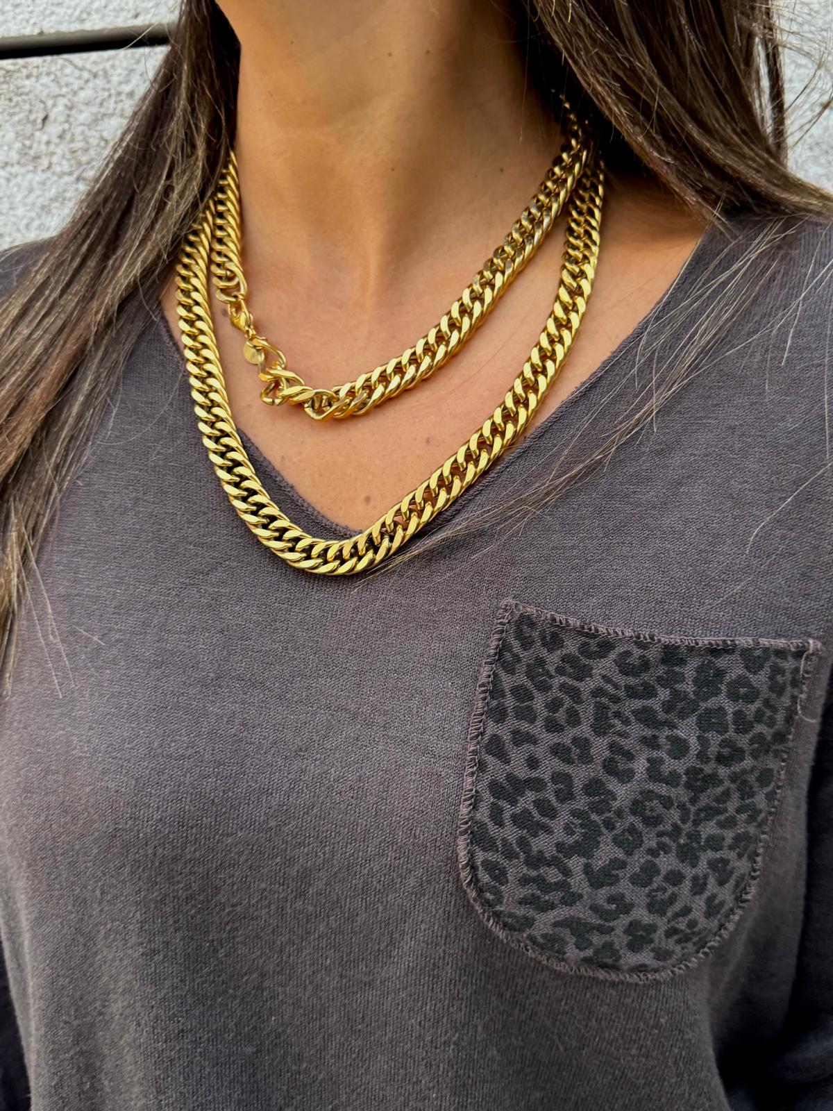 Pessoa com colar de correntes douradas e camisola cinza com bolso estampado animal print