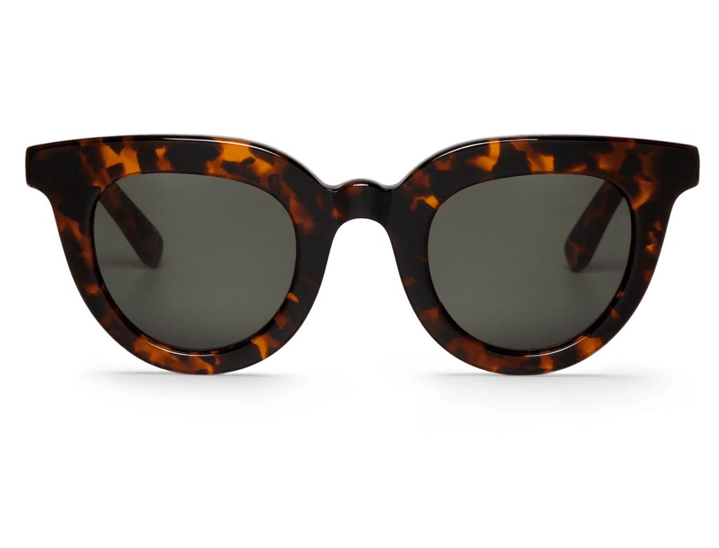 Óculos de sol com armação tartaruga e lentes escuras