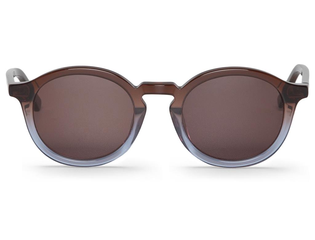 Óculos de sol redondos com armação castanha translúcida e lentes marrons escuras