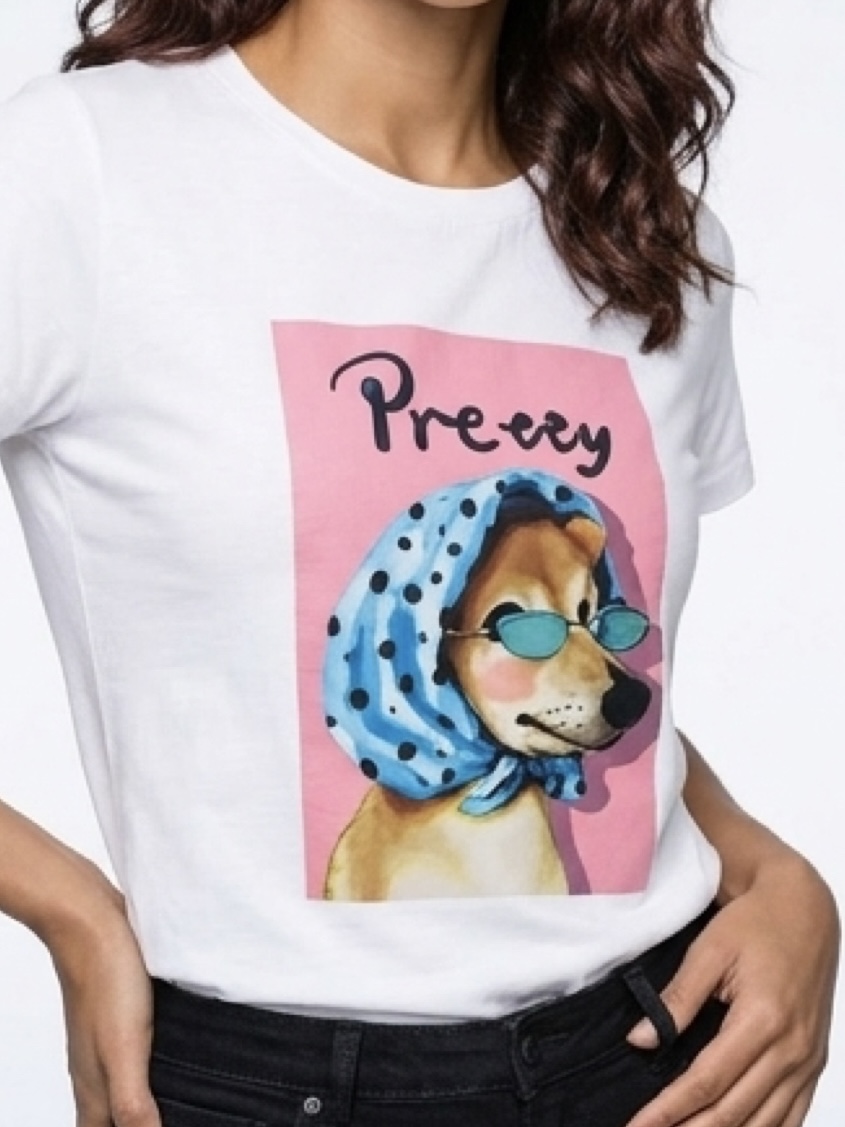 T-shirt branca com estampa de cão vestido e texto Pretty