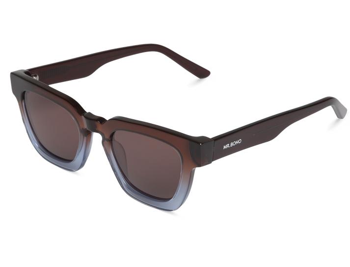 Óculos de sol quadrados castanho escuro a azul com lentes castanhas e marca MR.BONO
