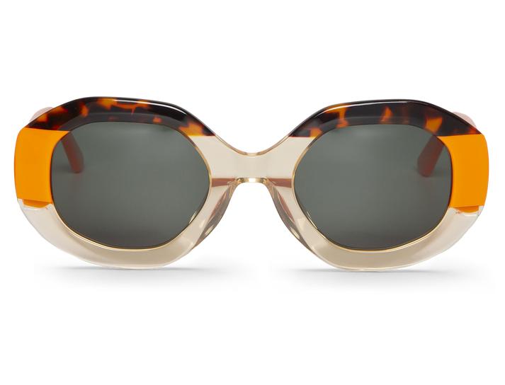 Óculos de sol com armação bege translúcida e padrão tartaruga castanho e laranja