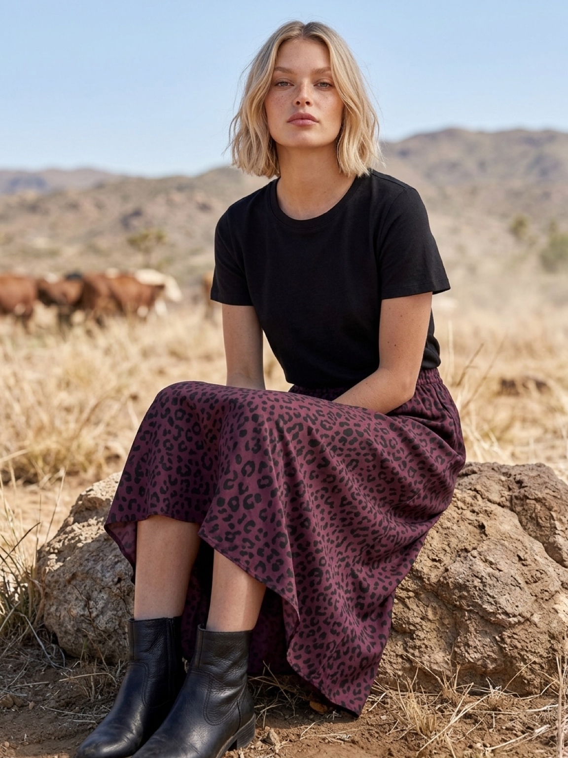 Mulher com t-shirt preta, saia animal print roxa e botas pretas sentada numa rocha ao ar livre.