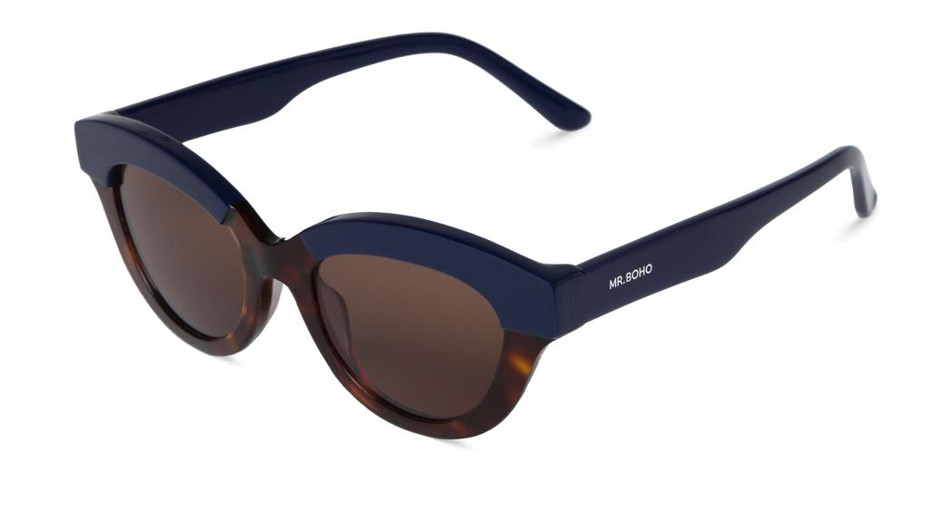 Óculos de sol castanho e azul com lentes castanhas e texto MR. BOHO