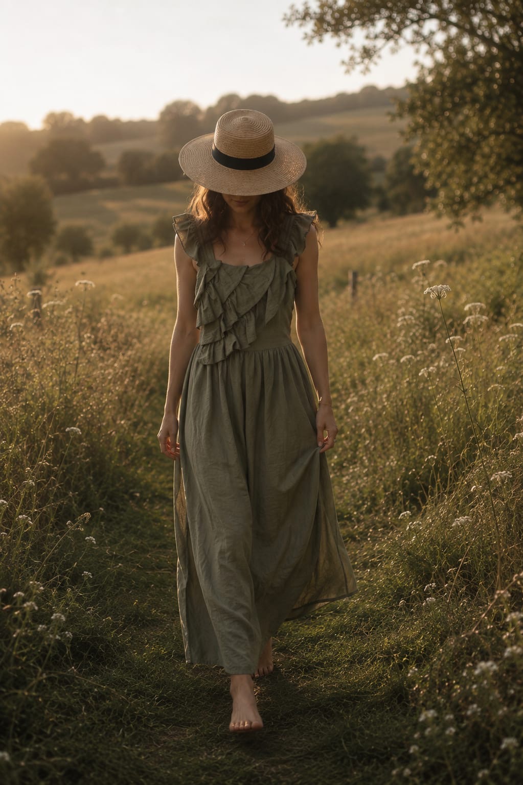 Mulher com vestido verde-oliva comprido e chapéu de palha a andar descalça num campo ao entardecer