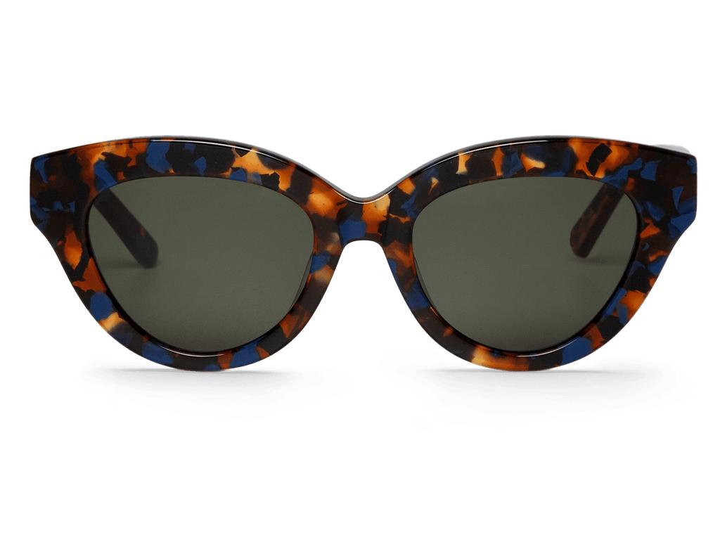 óculos de sol com armação padrão tartaruga castanha, preta e azul