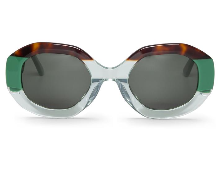 Óculos de sol com armação translúcida verde, castanha e lentes escuras
