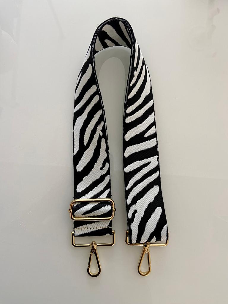 Correia para mala zebra preto e branco com ferragens douradas