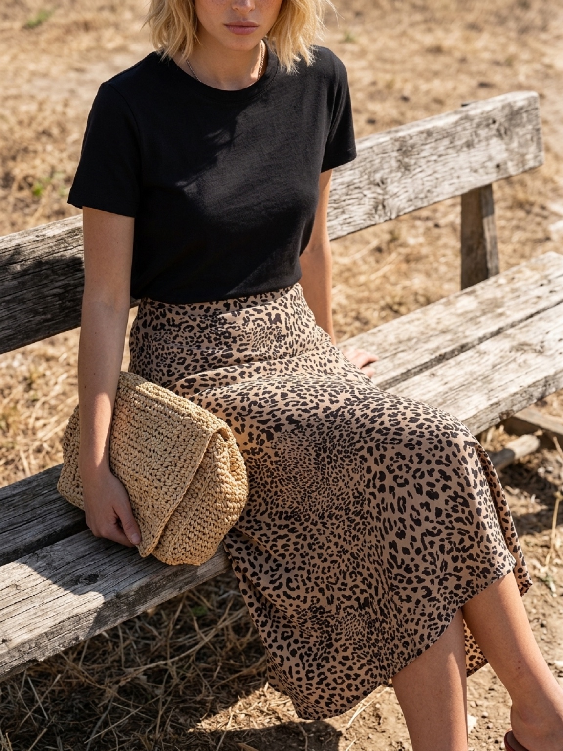 Saia animal print e t-shirt preta com bolsa de palha