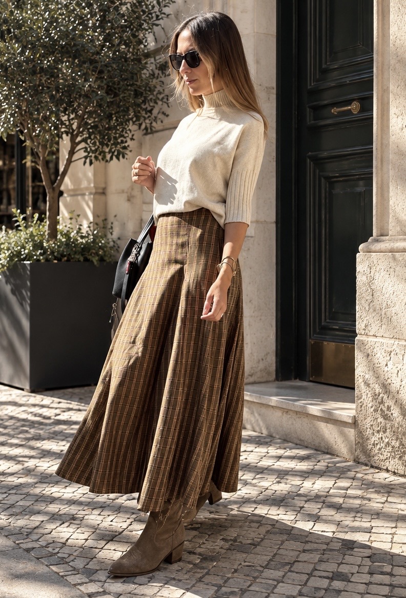 Mulher com saia xadrez castanha, camisola creme e botas castanhas a caminhar numa calçada em fundo urbano