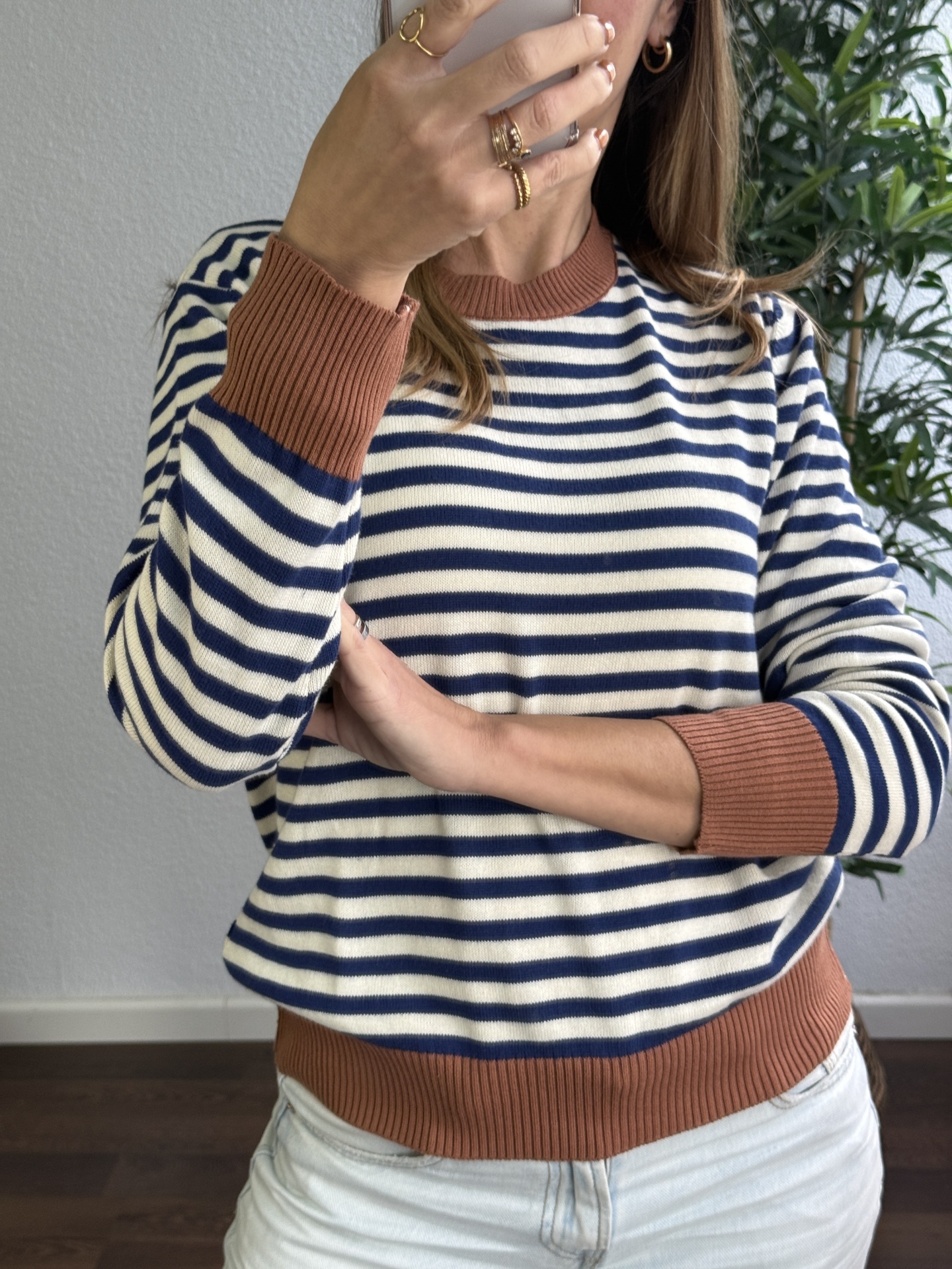 Camisola de riscas azul e branco com detalhes castanhos punhos, gola e bainha