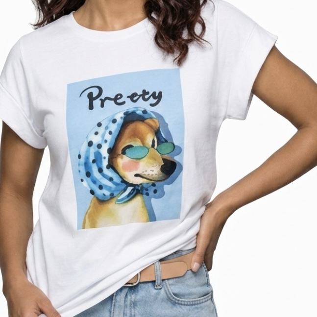 T-shirt branca com estampa de cão com lenço azul e óculos verdes e texto Pretty