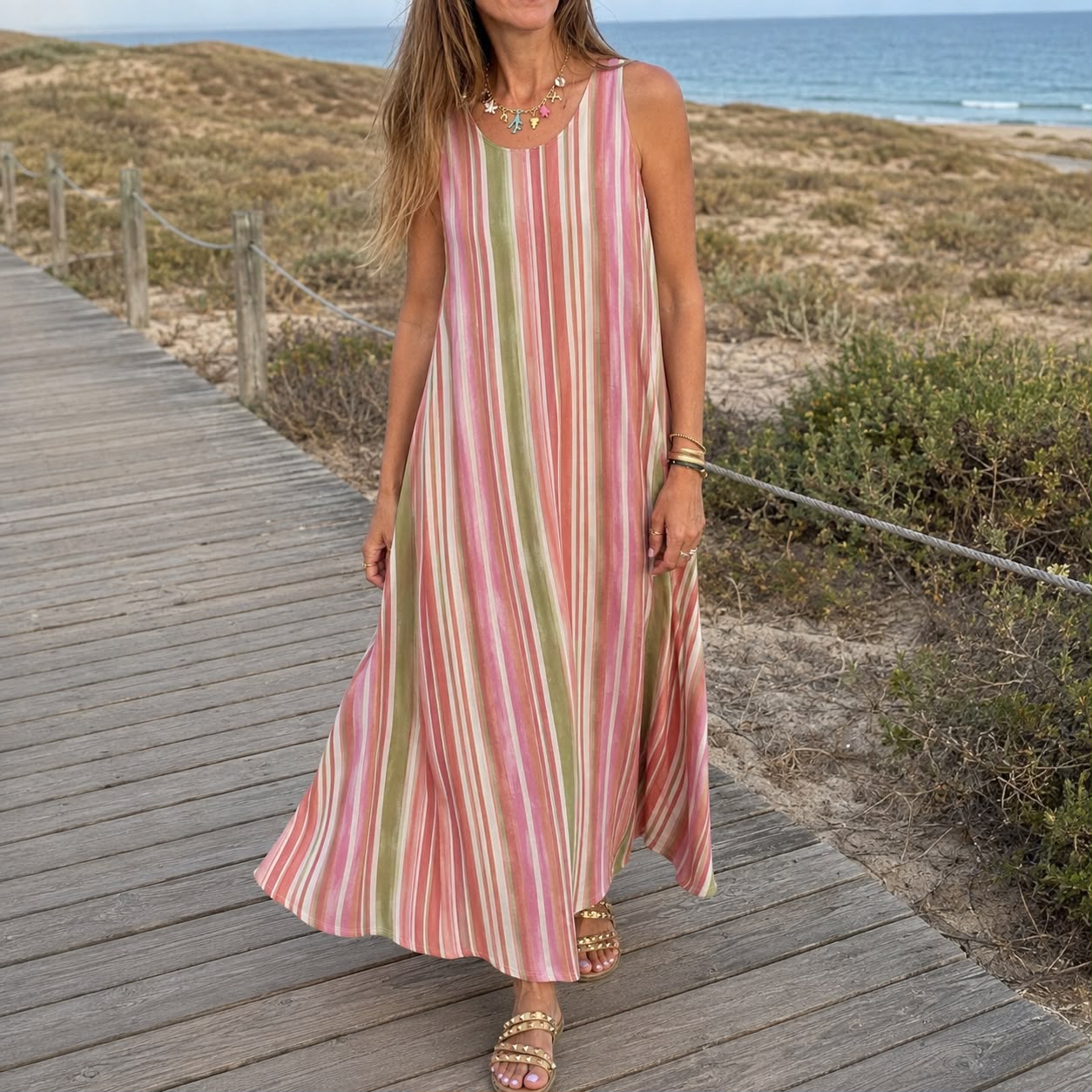 Vestido comprido de riscas verticais em tons rosa, verde e branco na praia