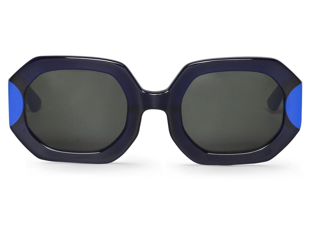 Óculos de sol azul escuro com detalhes azuis e lentes escuras