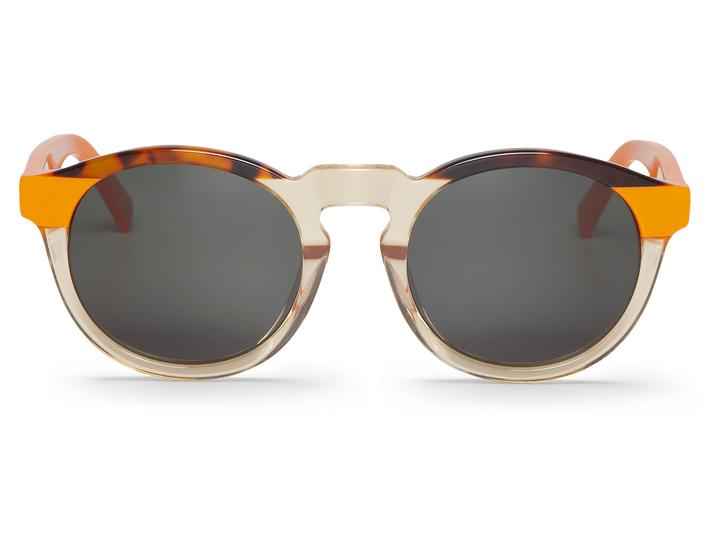 Óculos de sol com armação redonda transparente e detalhes laranja