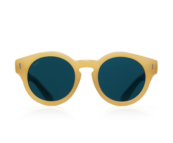 óculos de sol redondos armação amarela lentes azuis escuras