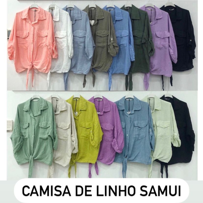 Doze camisas de linho de várias cores penduradas de duas em duas fileiras