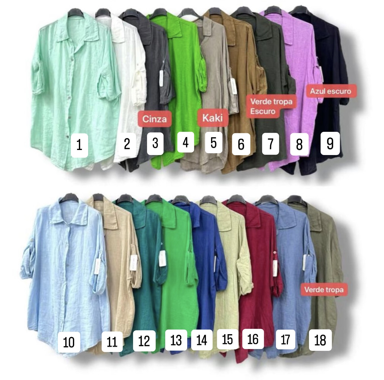 Conjuntos de camisas de manga longa em várias cores penduradas em cabides