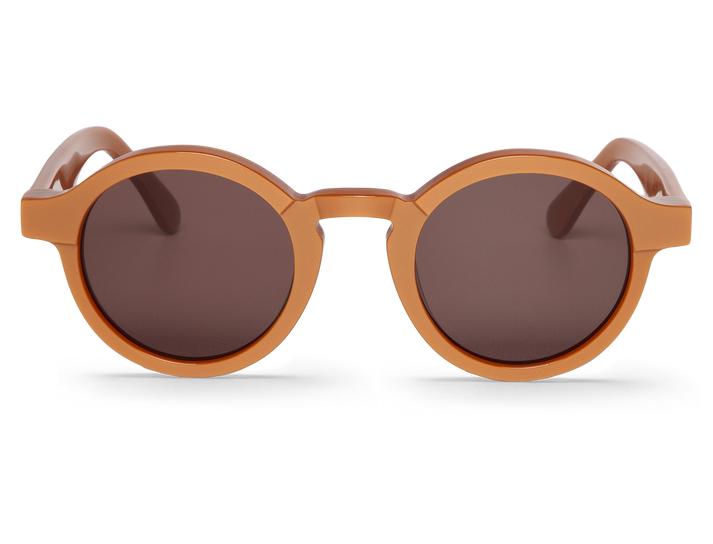 Óculos de sol com armação redonda castanha alaranjada e lentes escuras